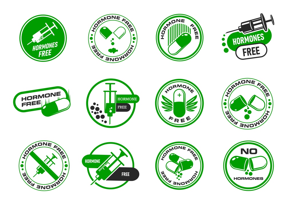 Hormone free icons, healthy organic food stickers and labels, vector stamps. Natural farm meat and no GMO products sign, USDA no hormones icon with syringe and pill for healthy food package badges. Hormone free icons, healthy organic food stickers