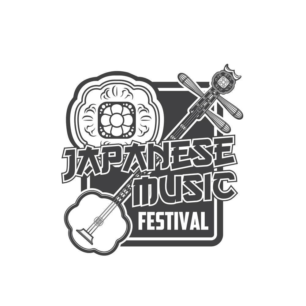 Japanese music festival icon with vector shamisen. Traditional japanese musical instrument with three strings and asian floral ornament on ebio isolated symbol of oriental music concert or ethnic fest. Japanese music festival icon with vector shamisen