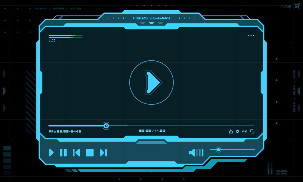 HUD video and sound player futuristic screen interface. Live audio player UI with digital navigation bar or panels. GUI futuristic vector display, SCI FI music control panel or neon blue frame buttons. HUD video and sound player screen interface