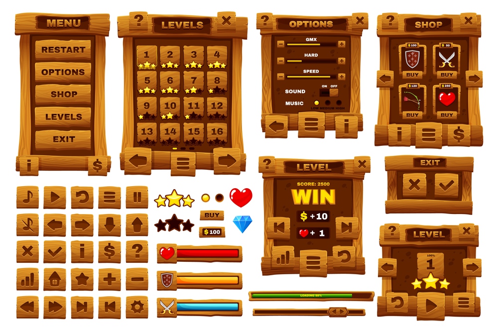 Wooden button, cartoon vector interface UI or game GUI elements. Wood texture controls and user board sign, game app play asset, navigation or menu options arrows and GUI interface buttons. Wooden button, cartoon interface UI or game GUI