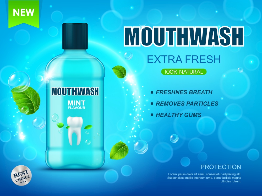 Realistic cool mint mouse rinse or mouthwash bottle. Dental care mouthwash 3d container promo banner. Oral hygiene rinse, breath refreshing liquid realistic vector background with mint leaves, droplet. Realistic cool mint mouse rinse, mouthwash bottle
