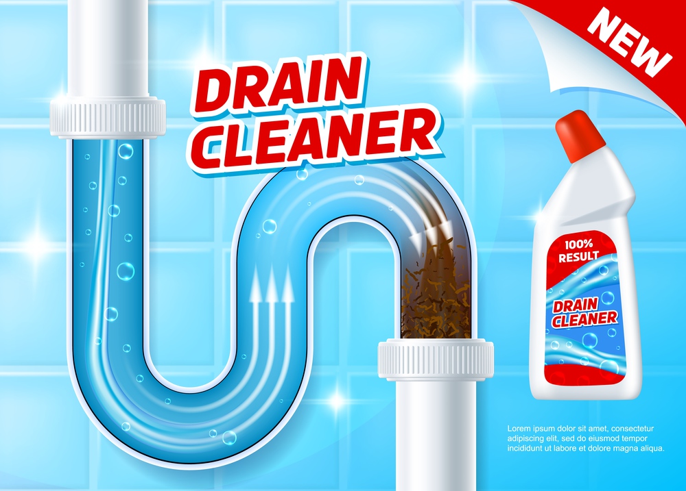 Pipe drain cleaner. Toilet tube cleanup agent cover, toilet or house pipeline unclog chemical liquid realistic vector promo poster. Bath clogged siphon, sewage detergent product advertisement banner. Pipe drain, siphon clog cleaner product banner