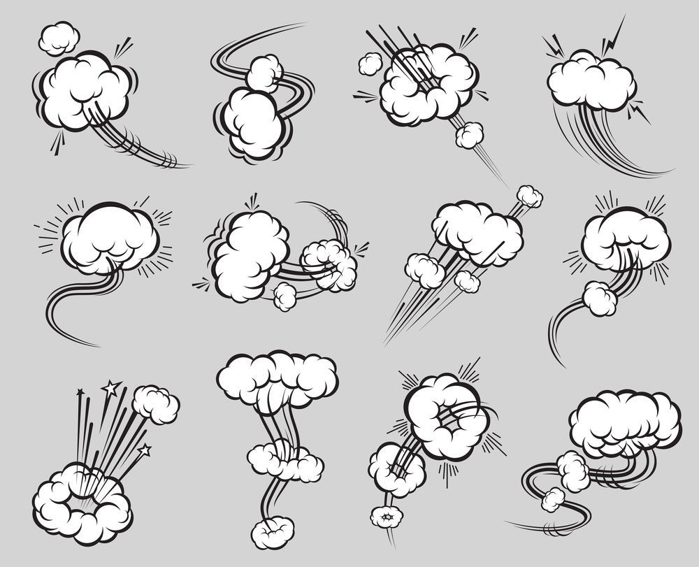 Comic speed motion bubbles. Speed trails. Takeoff burst air trace or smoke cloud, speed fly vector motion effects or gas trail, pow and movement graphic doodles and bubbles. Comic speed motion bubbles, fly or jump air trails