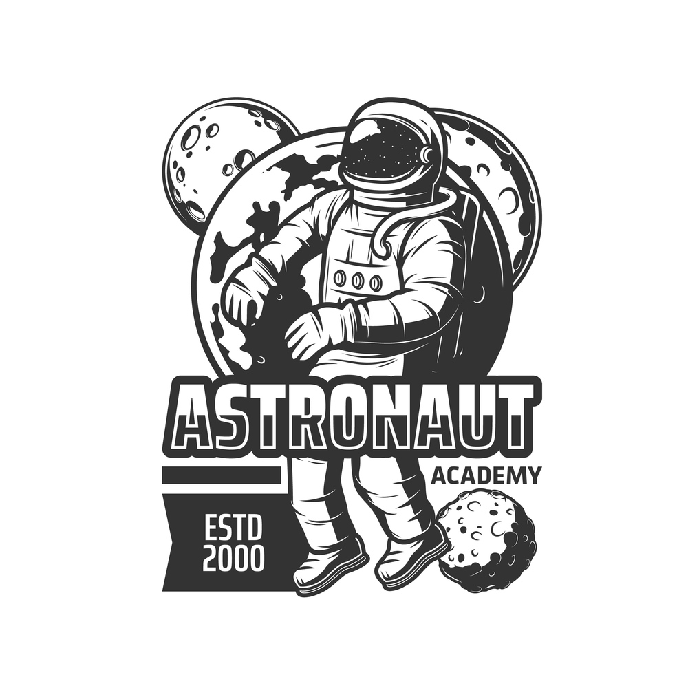 Astronaut academy retro icon. Space program cosmonauts training center monochrome vector emblem with flying in outer space weightlessness astronaut, solar system planets, Earth, moon and asteroids. Astronaut space academy monochrome vector icon