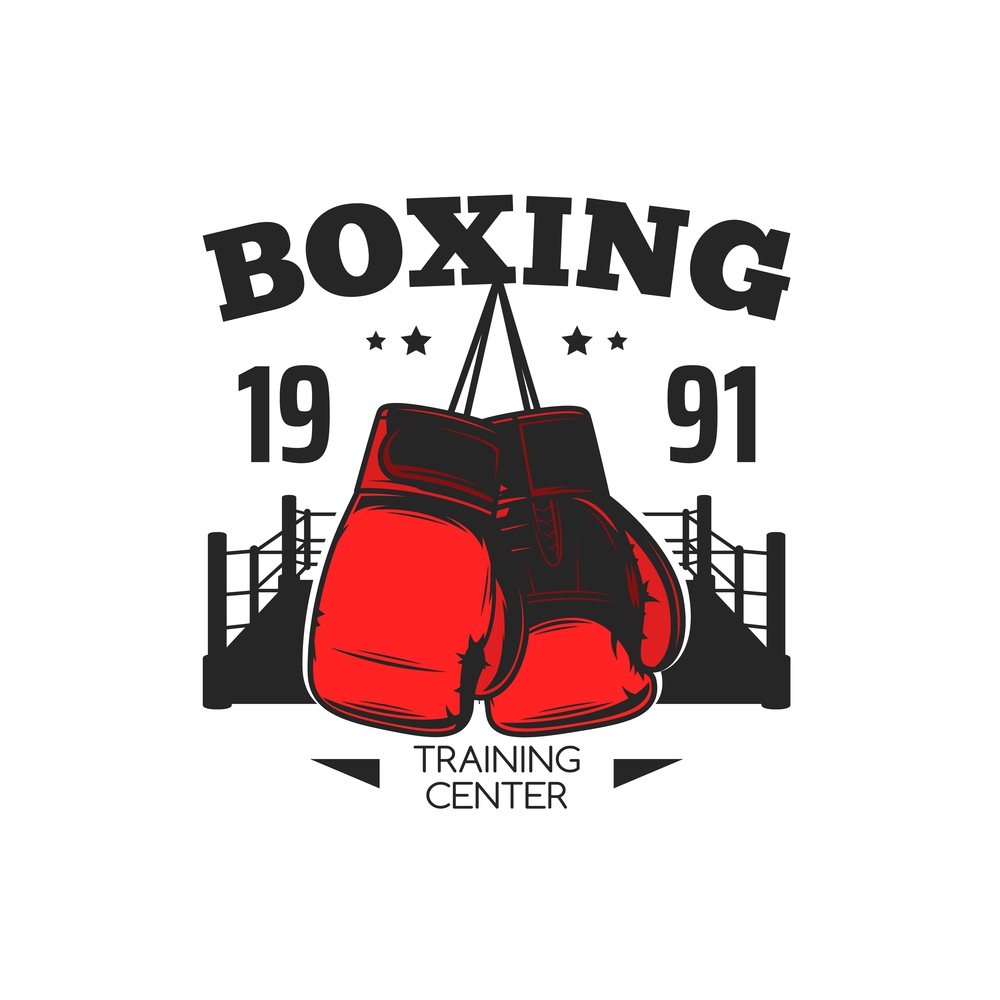 Boxing sport icon with gloves. Boxing training center, fighters gym or sport club vector emblem, retro label or icon with hanging on ropes red boxing gloves and ring silhouette. Boxing sport icon with hanging gloves and ring
