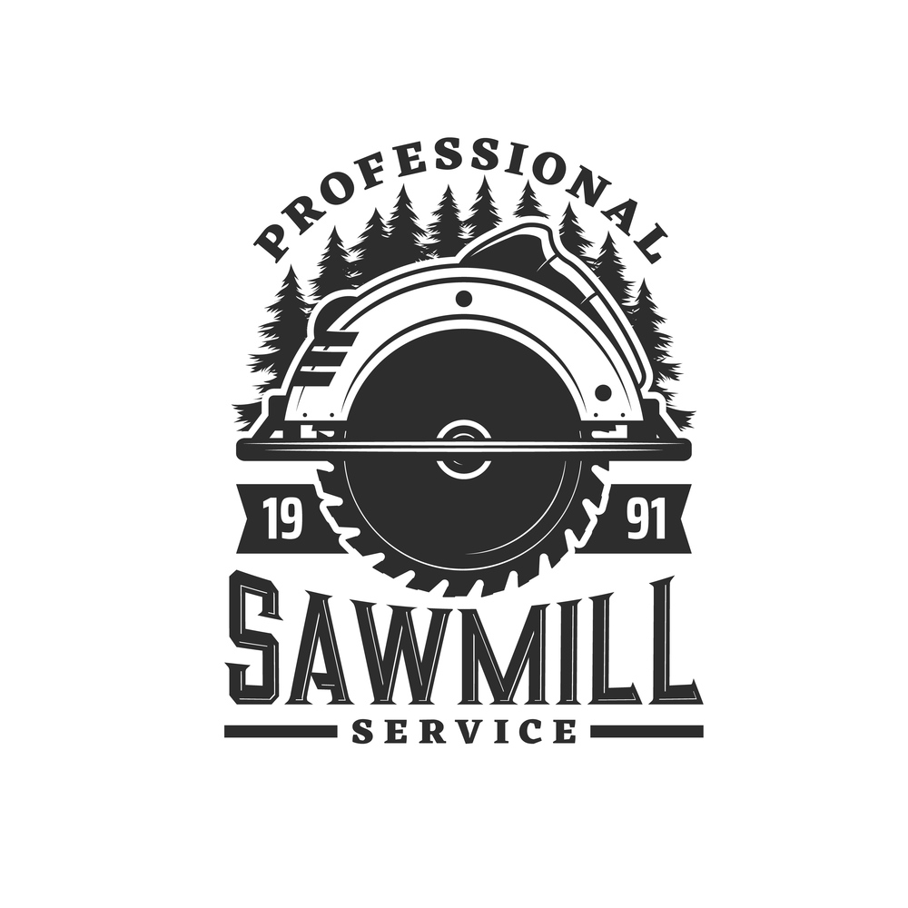 Sawmill icon with spruce or pine trees silhouettes and hand circular saw. Carpenter shop or lumber monochrome vector symbol or retro icon. Logging industry and woodwork tools vintage sign or badge. Sawmill service or logging industry retro icon