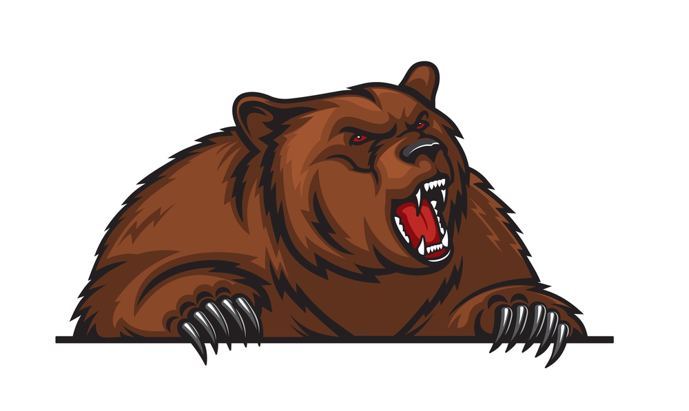 Grizzly bear mascot with claws, angry animal for sport team. Vector grizzly bear predator for school sport club or college and gym emblem of wild aggressive grizzly bear roaring. Grizzly bear mascot with claws, sport team animal
