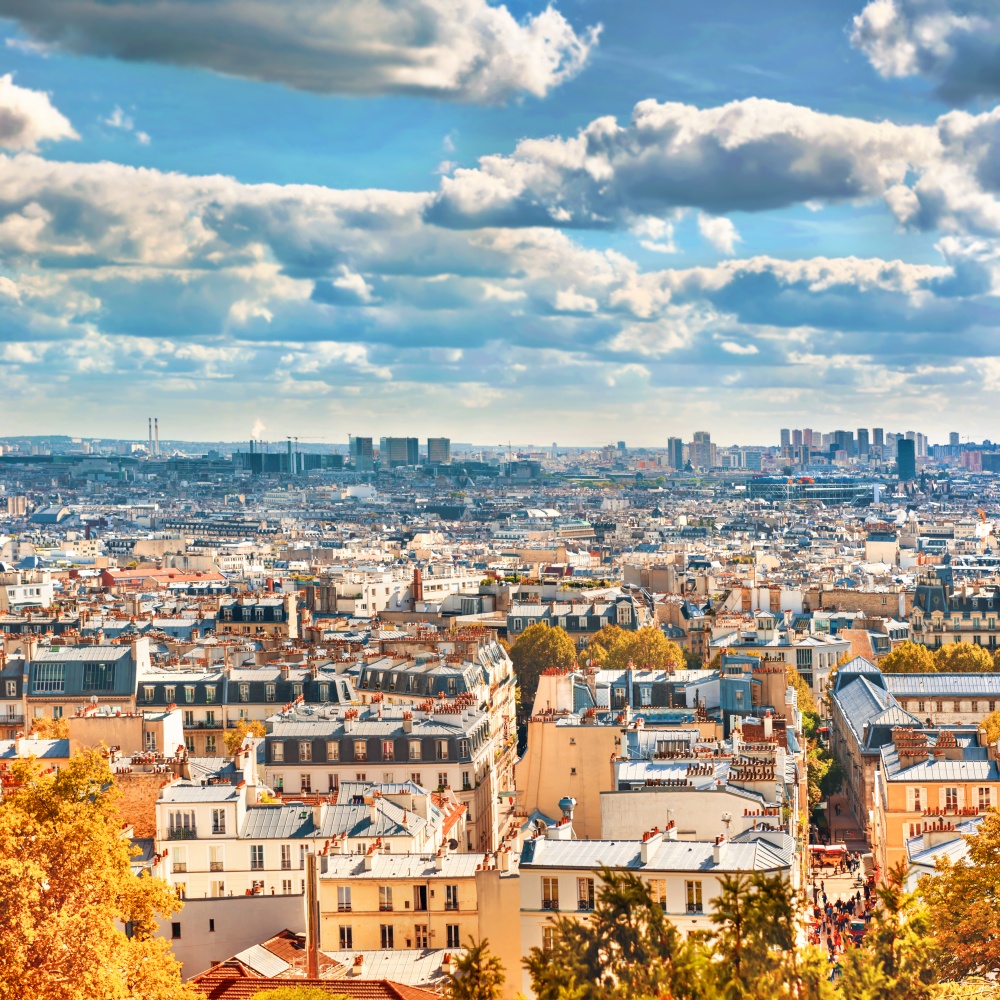 City of autumn Paris from Montmartre. Beautiful fall travel cityscape