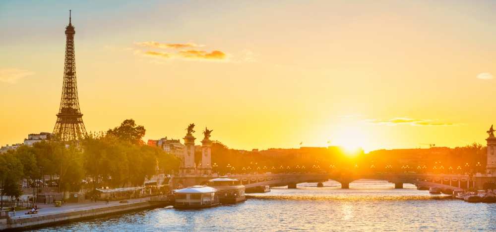 Paris panorama beautiful sunset with Eiffel Tower and Seine river in Paris, France