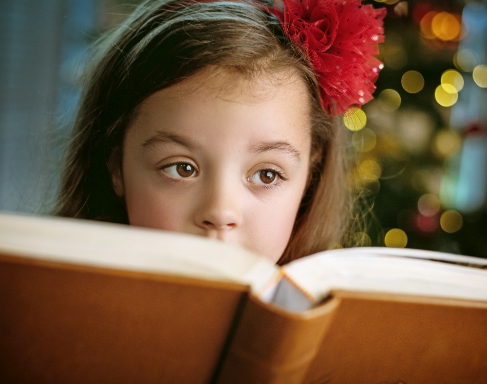 Closeup portrait of a cute, little girl reading a novel