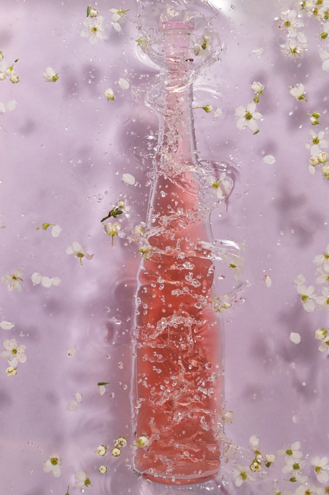 Splash Bottle Of Pink Rose Wine and Spring Flowers
