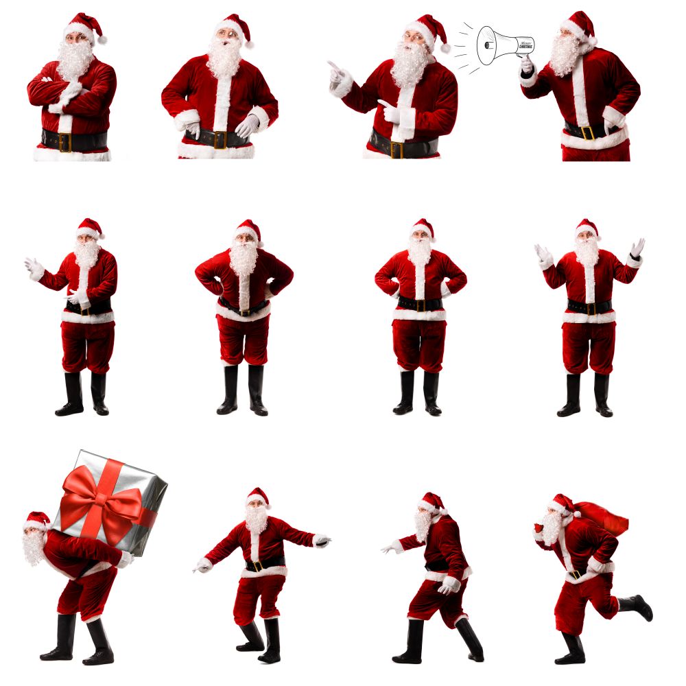 Set of Santa Clauses isolated on white background. Santa Clauses on white background