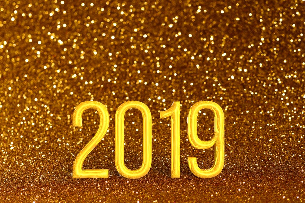 2019 Golden Christmas or New Year festive background. 2019 Christmas or New Year background