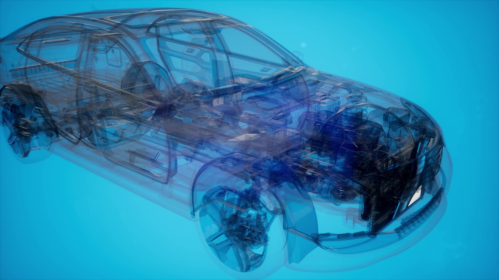 Holographic animation of 3D wireframe car model with engine and otter technical parts. Holographic animation of 3D wireframe car model