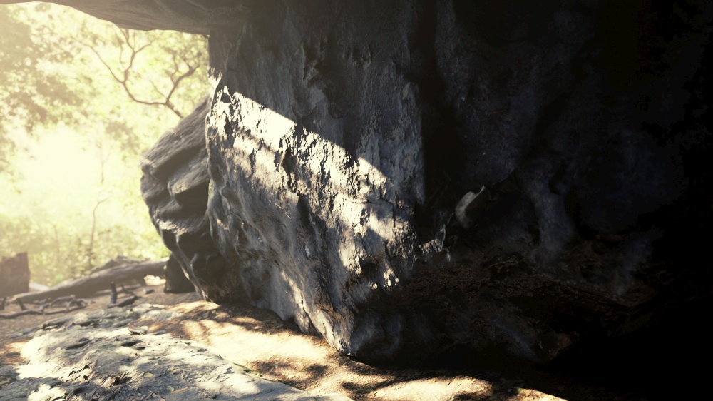 sun beams in stone cave