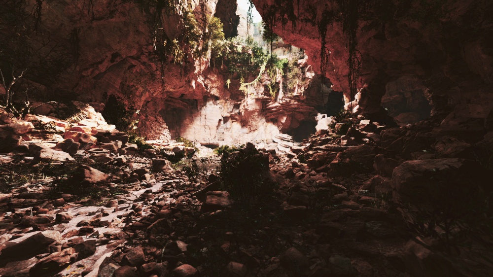 large fairy rocky cave with green plants