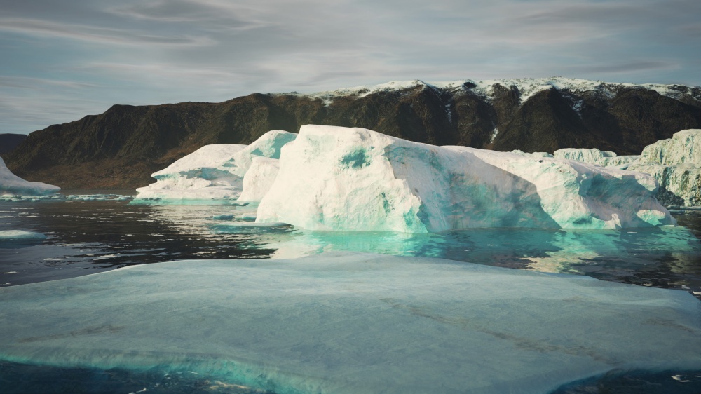 Antarctic iceberg landscape with glacier running into ocean