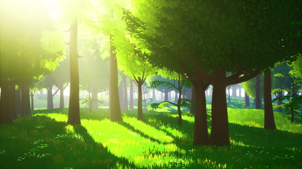 Cartoon Green Forest Landscape with Trees and flowers