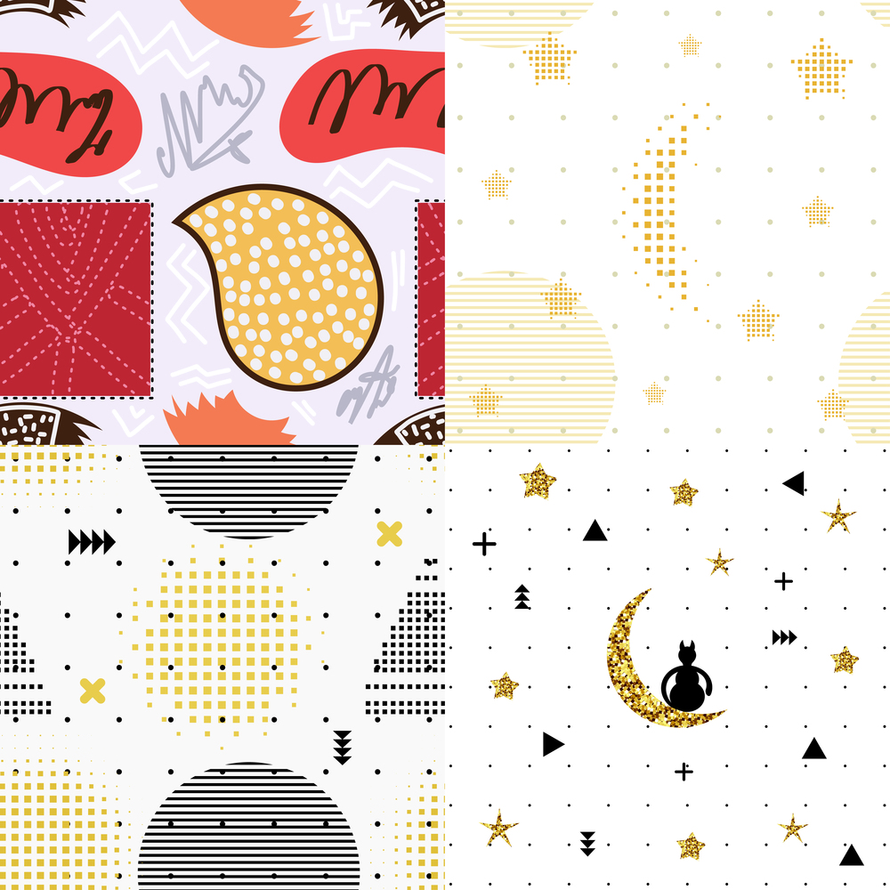 Set of vector color seamless patterns in the Memphis style. Abstraction texture for design and wallpaper. Seamless with cat and moon. Stock vector illustration