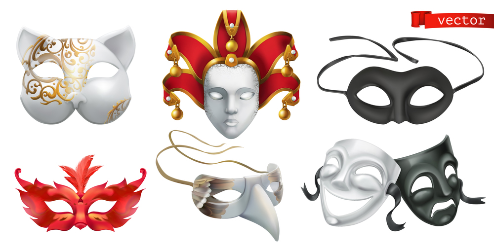 Carnival masks. 3d vector icon set