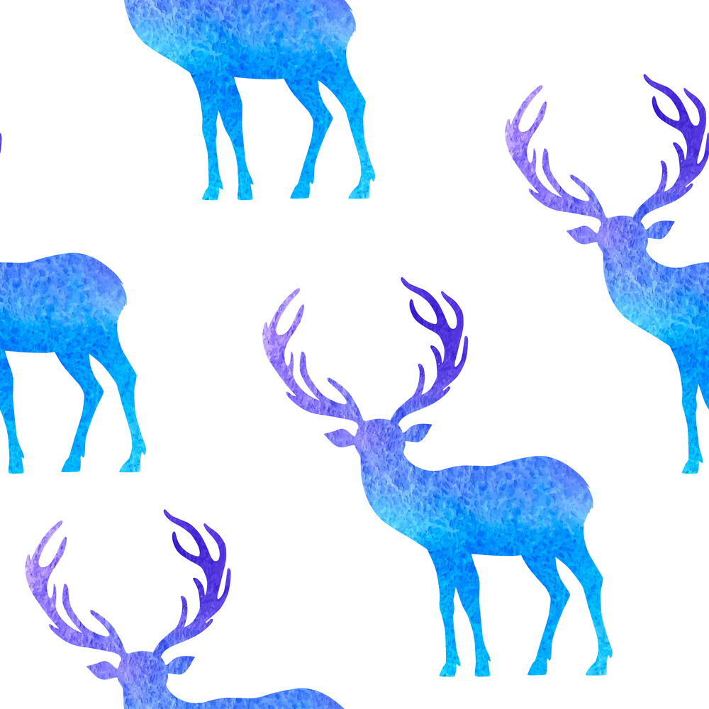 Blue vector watercolor winter seamless pattern with deer. Christmas decorative background.