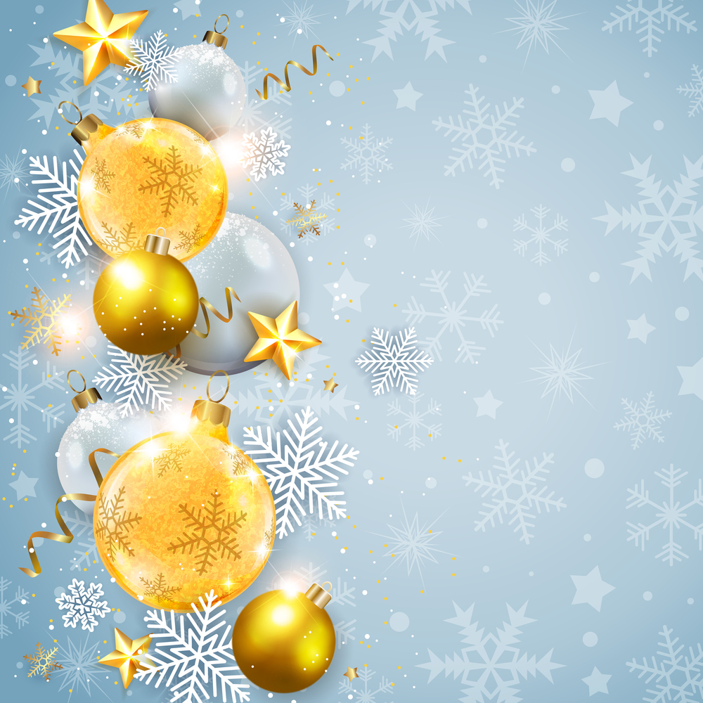 Abstract vector Christmas design. Holiday background with white snowflakes and golden decorations.