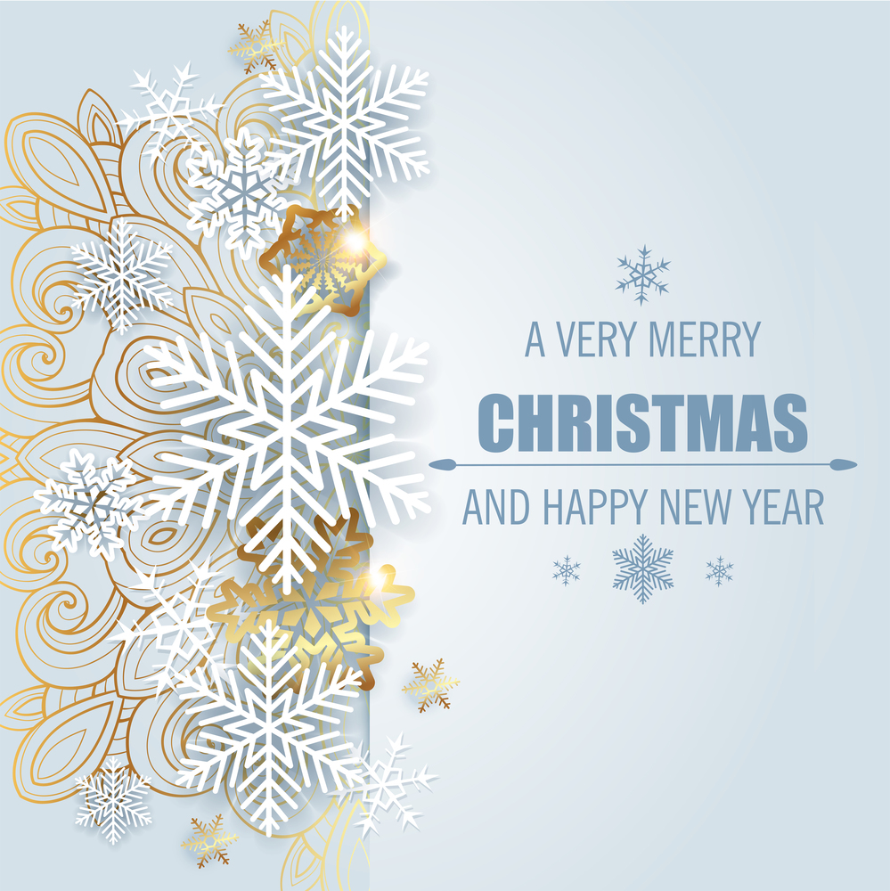 Christmas and New Year greeting card with white and golden snowflakes. Festive decorative vector background