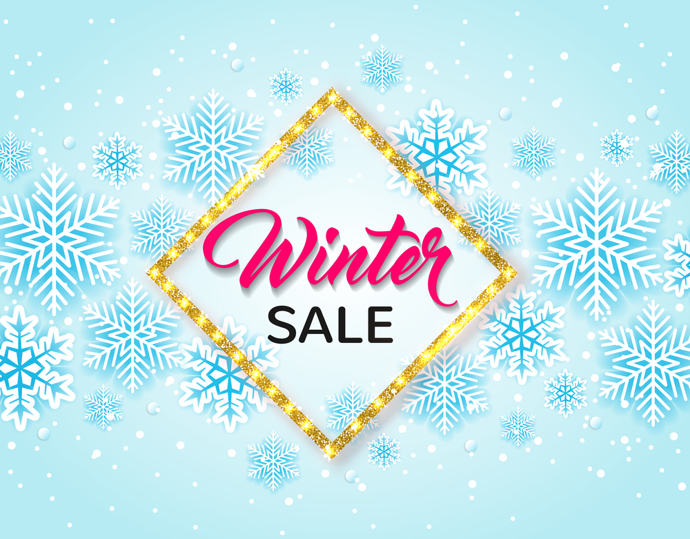 Golden glittering winter frame with white snowflakes on a blue background. Design for seasonal Christmas sale