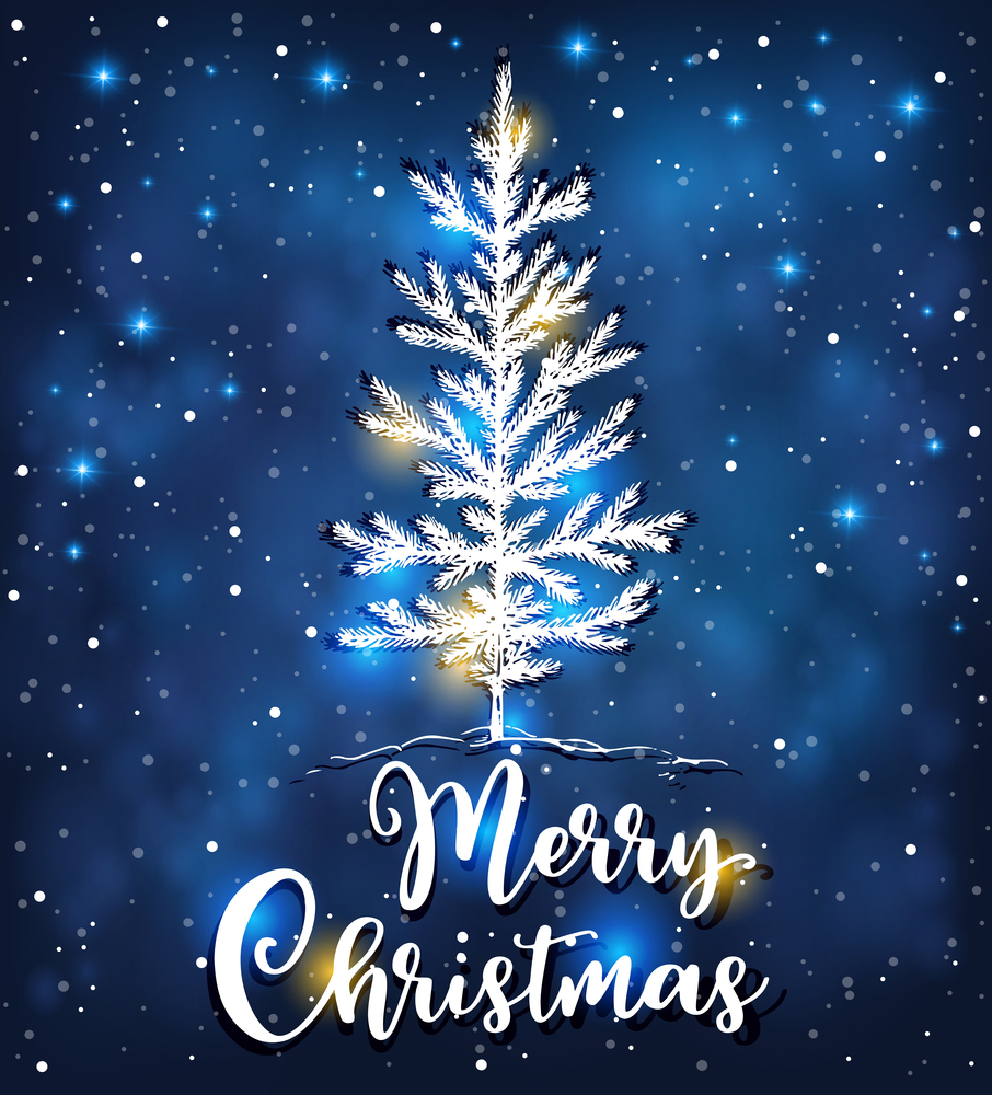 Christmas vector background with white fir tree. New Year greeting card. Merry Christmas lettering