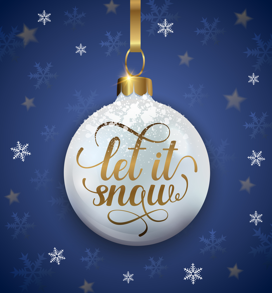 Christmas and new year holiday background with decoration and text. Let it snow lettering. Vector illustration.