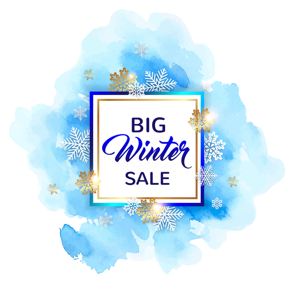 Decorative winter frame with white snowflakes and blue watercolor texture. Design for seasonal Christmas sale