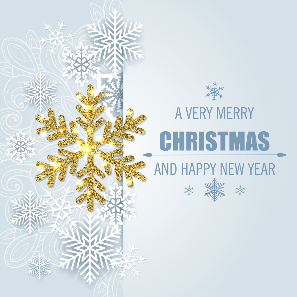 New year and Christmas greeting card with white and golden snowflakes on a blue background. Vector illustration.