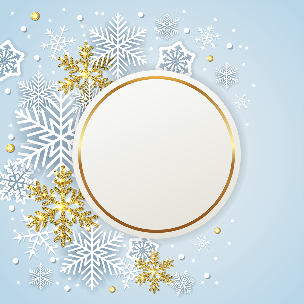 Round banner with white and golden snowflakes on a blue background. Design for new year and Christmas. Vector illustration.