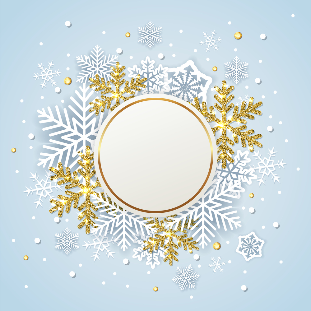 Round winter banner with white and golden snowflakes on a blue background. Design for new year and Christmas. Vector illustration.