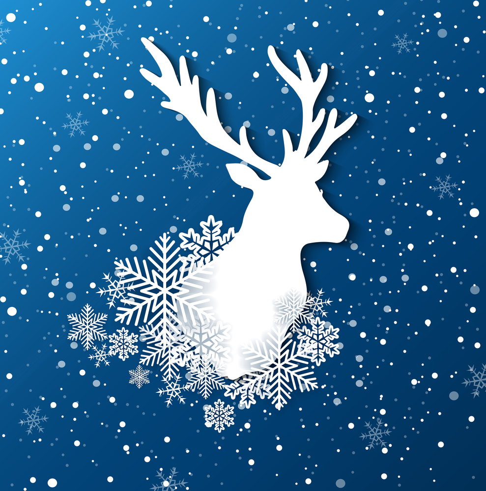 New year and Christmas background with paper silhouette of deer and snowflakes. Vector illustration.
