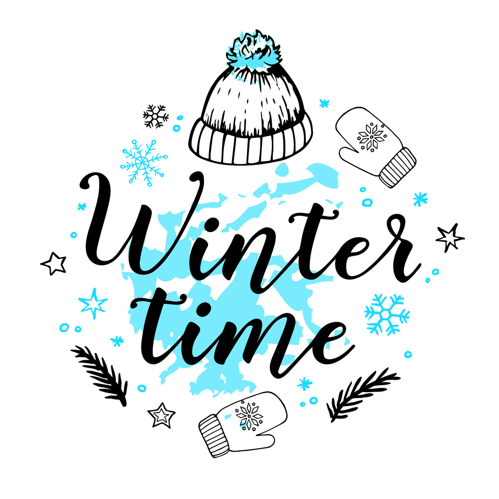 Hand drawn holiday new year background with snowflakes, hat and text. Winter time lettering. Vector illustration.