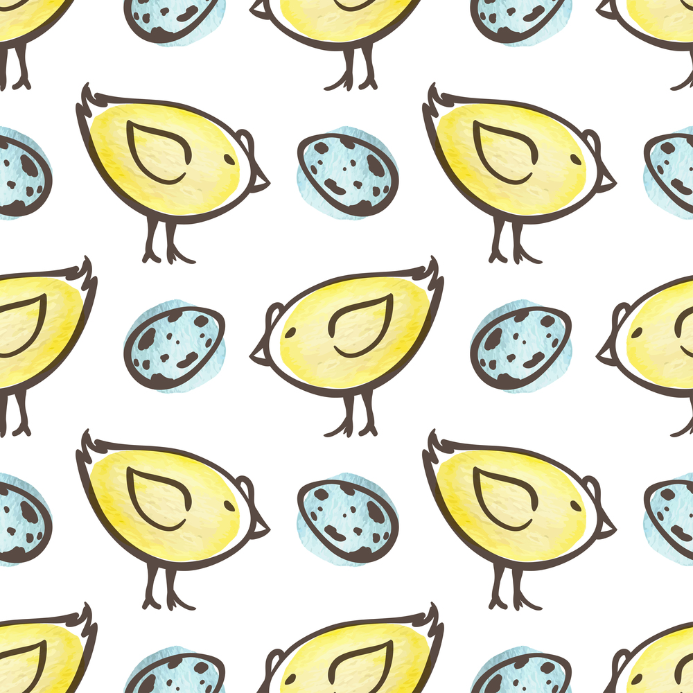 Hand drawn doodle Easter seamless pattern with eggs and yellow chicken on a white background. Vector illustration.