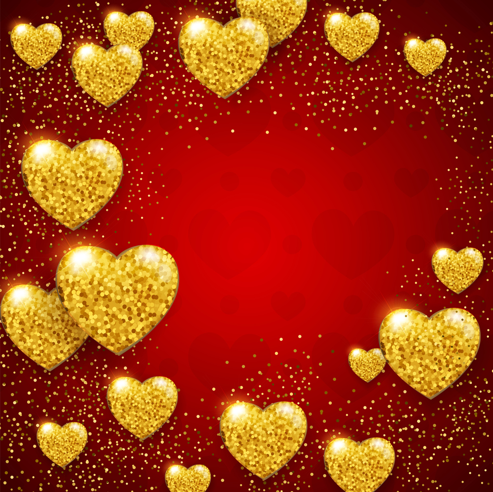 Red Valentine background with shining golden glittering hearts. Vector illustration.