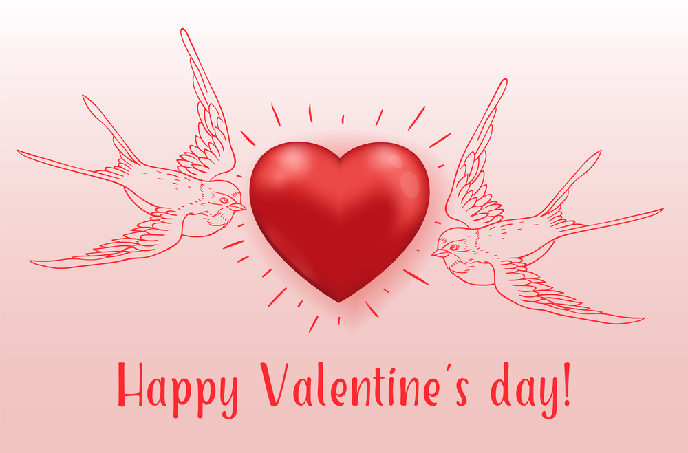 Couple of flying birds and red heart. Greeting card for Saint Valentine&rsquo;s day. Hand drawn vector illustration.