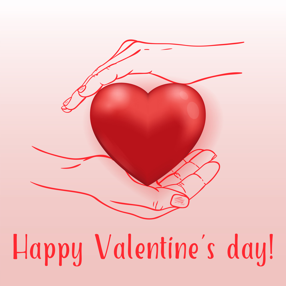 Red heart in human hands. Greeting card for Saint Valentine&rsquo;s day. Hand drawn vector illustration.