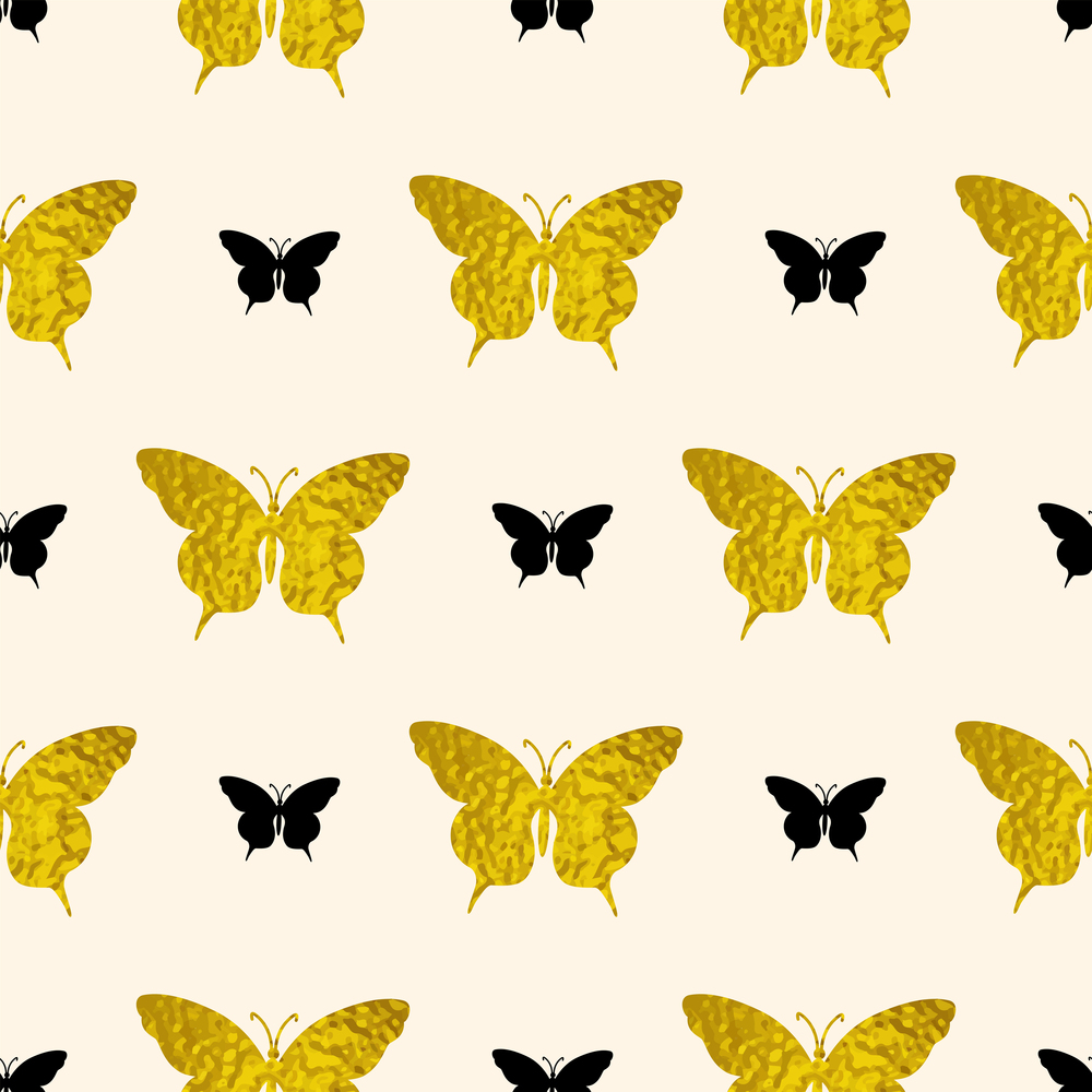 Decorative vector seamless pattern with golden and black butterflies. Glittering festive background