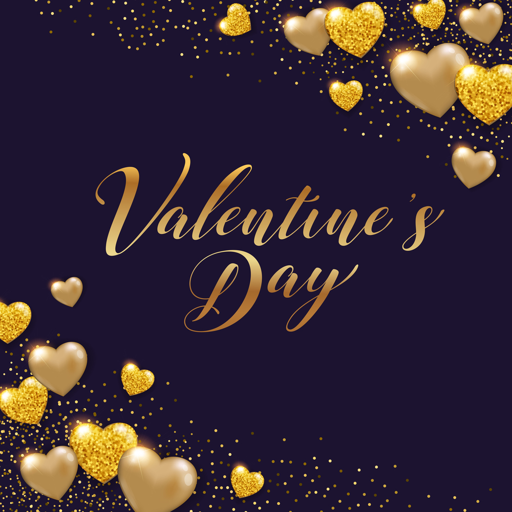 Decorative Valentine background with shining golden glittering hearts. Vector illustration.