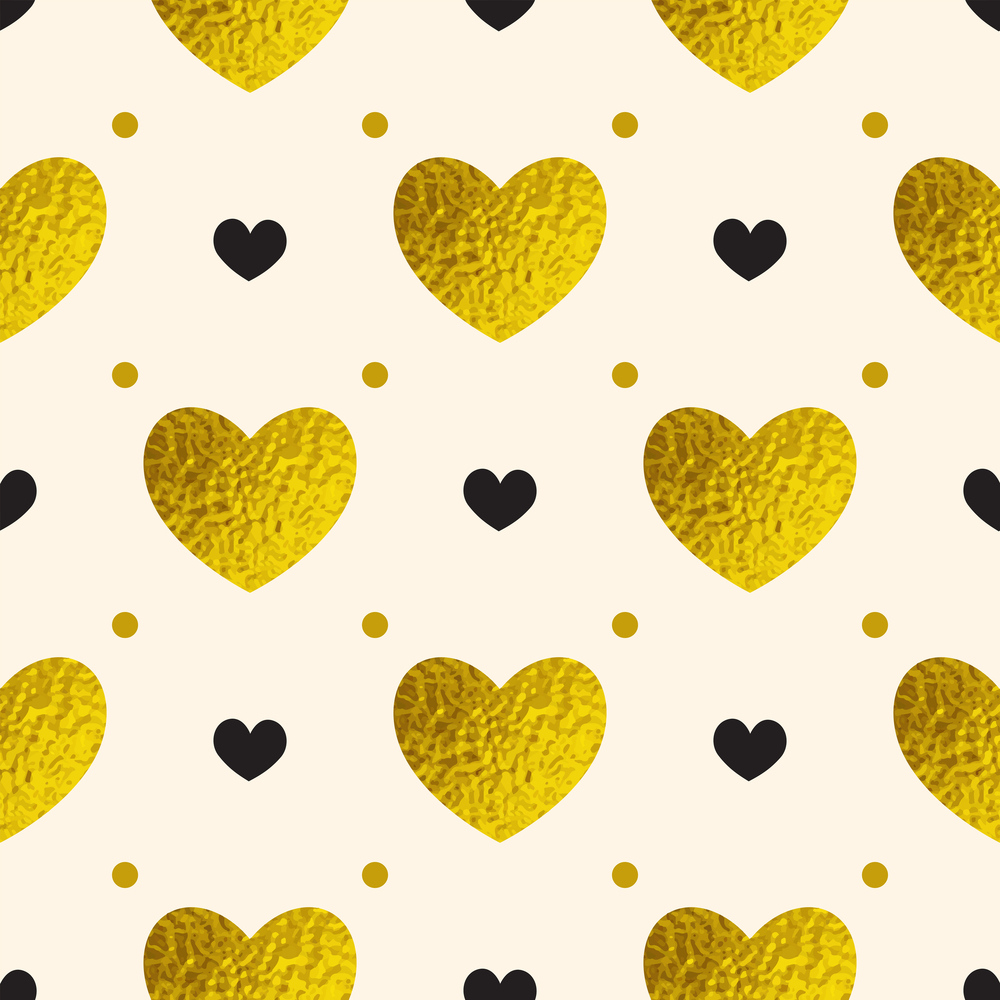 Decorative festive seamless pattern with golden and black hearts. Vector background for Valentine&rsquo;s day