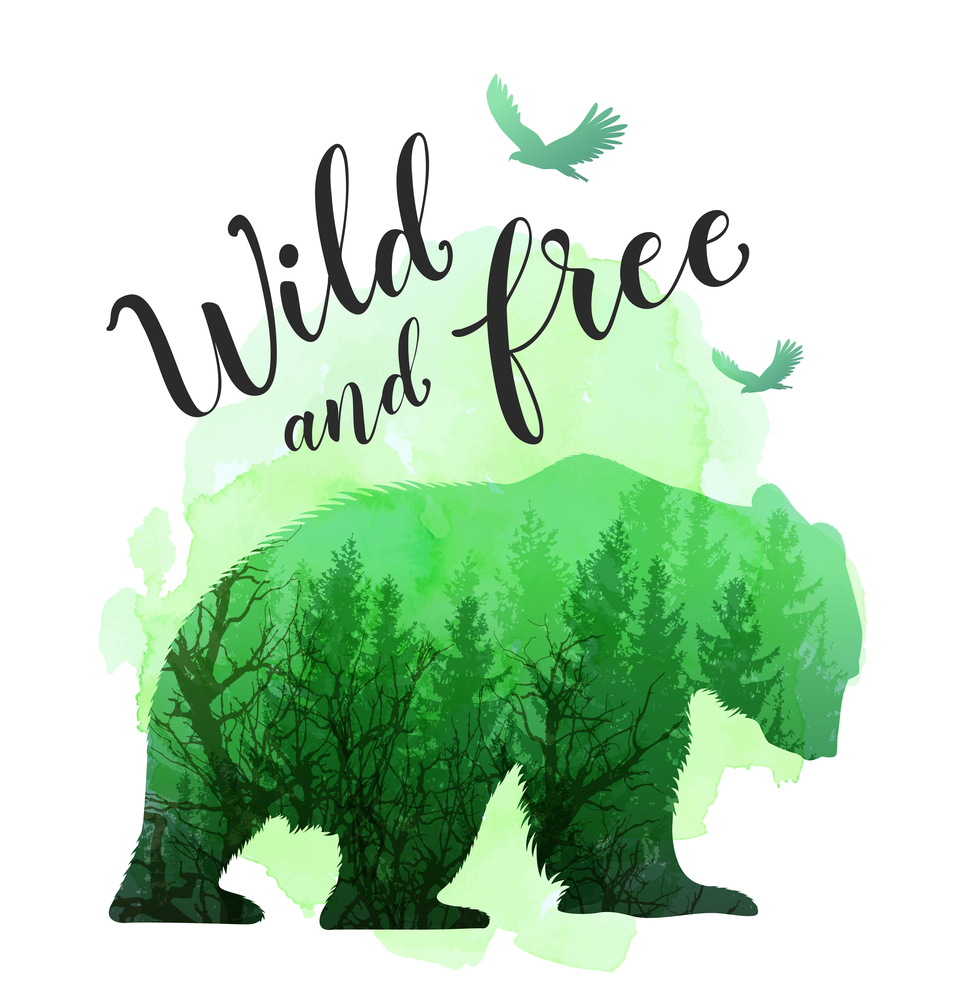Green silhouette of a wild bear, tree and calligraphy. Wild life in nature. Vector illustration with green watercolor texture.