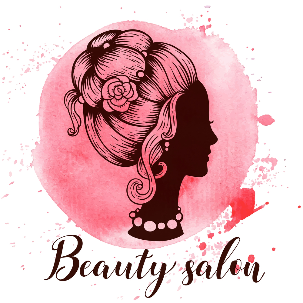 Silhouette of a female head with a beautiful hairstyle on a pink watercolor background. Vintage style. Hand drawn vector illustration. Design for beauty salon.