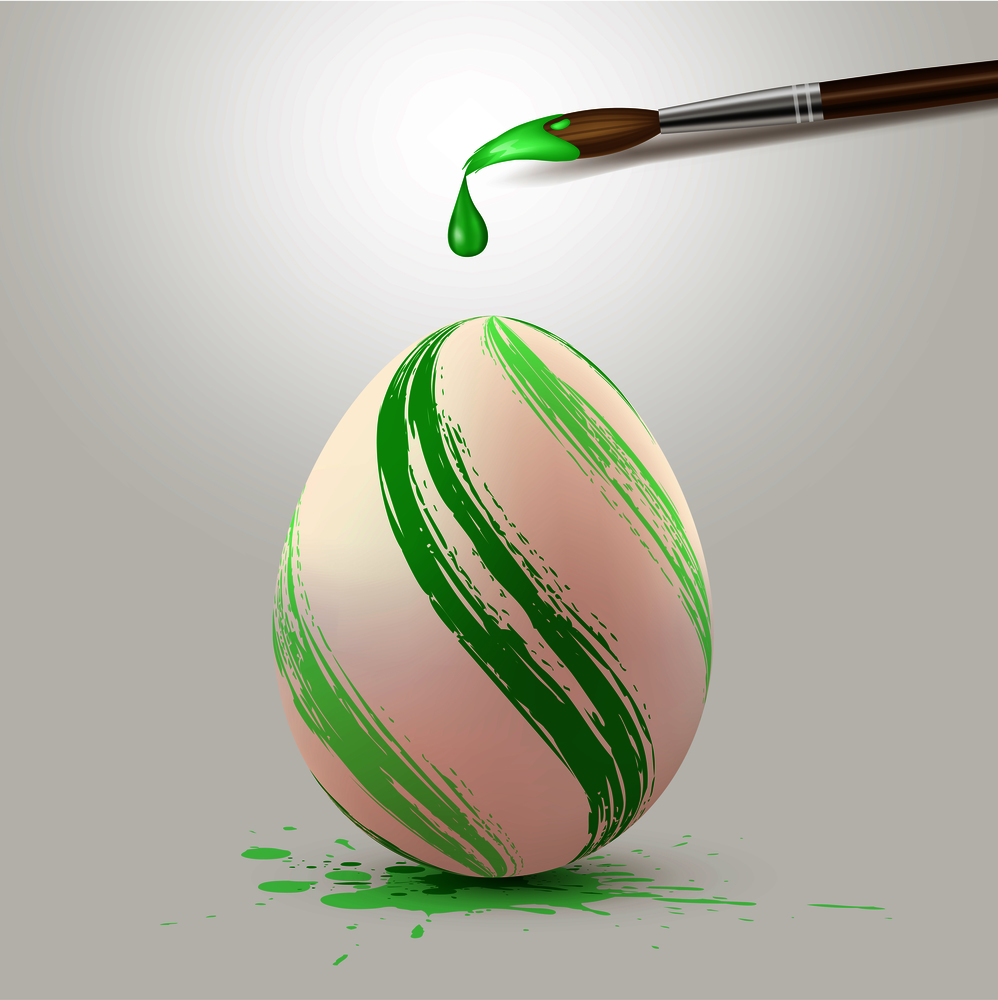 Hand painted green Easter egg and paintbrush. Realistic vector illustration.