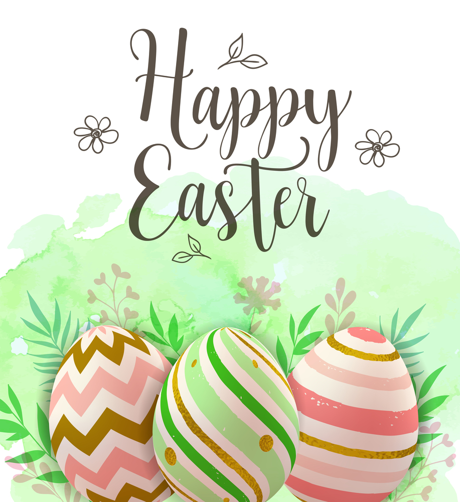 Easter greeting card with decorative eggs on a green watercolor background. Vector illustration. Happy Easter lettering