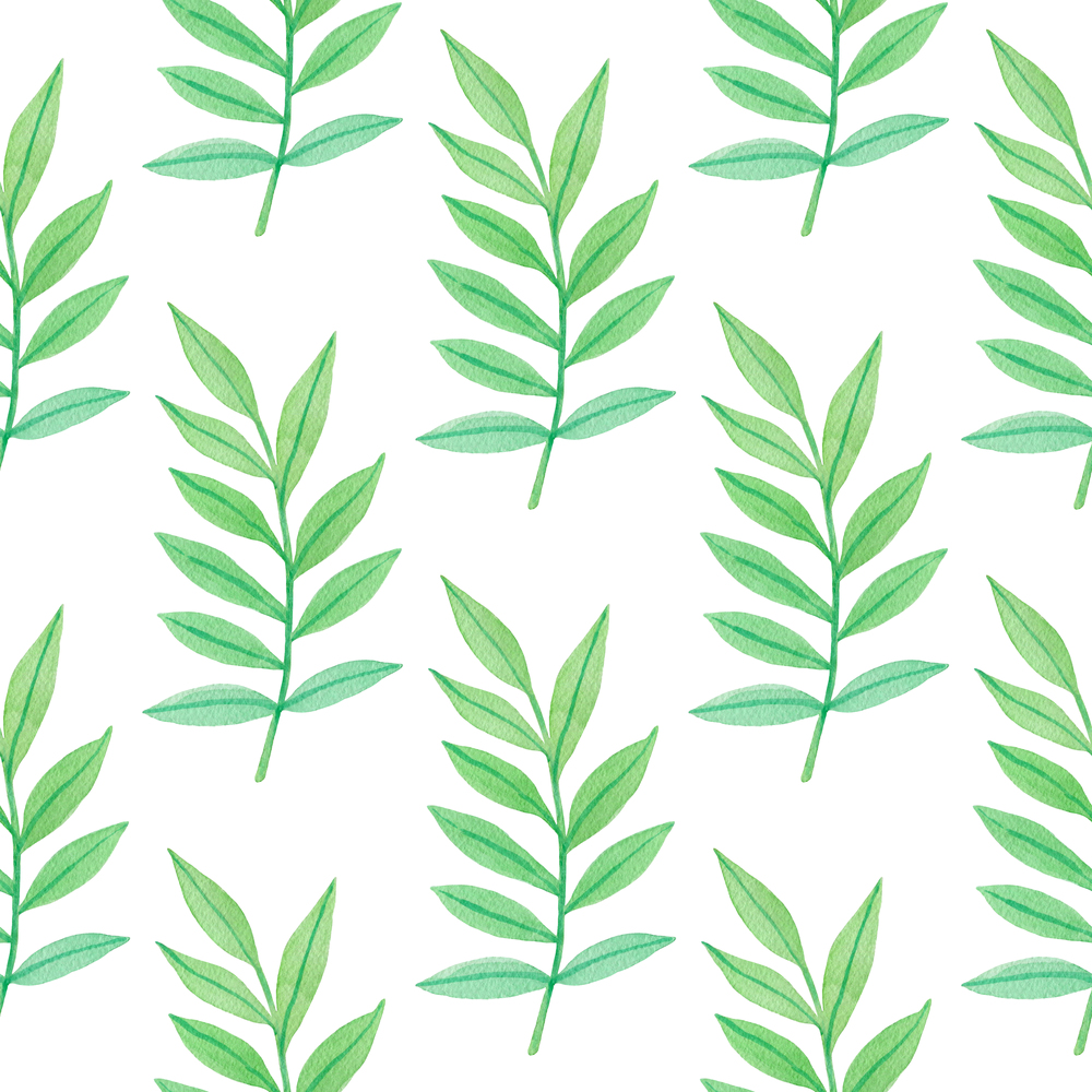 Watercolor seamless pattern with green leaves on a white background.