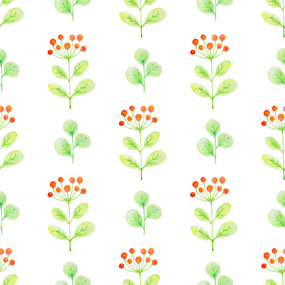 Watercolor seamless pattern with green leaves and red berries on a white background.