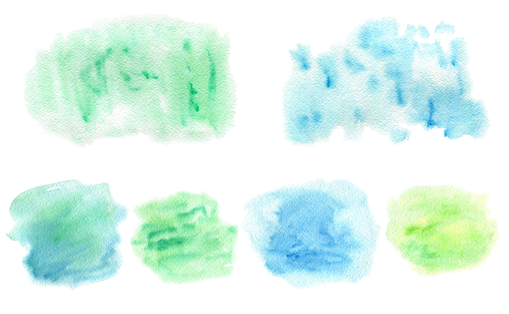 Set of hand drawn abstract green and blue watercolor textures on a white background